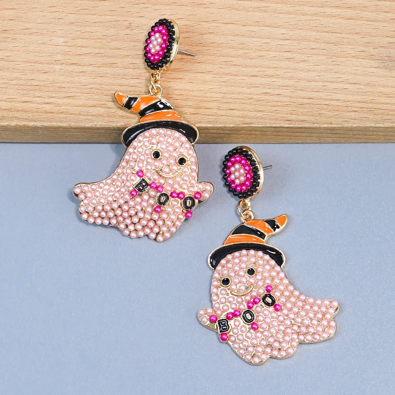 Spooky Chic Halloween ""BOO"" Bead Ghost Drop Earrings