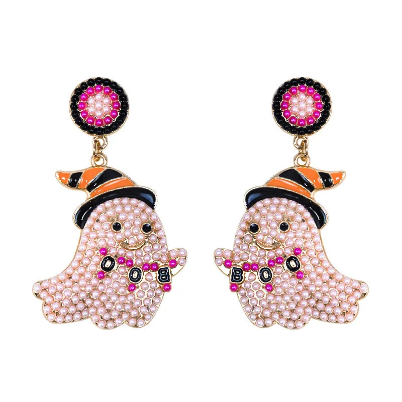 Spooky Chic Halloween ""BOO"" Bead Ghost Drop Earrings