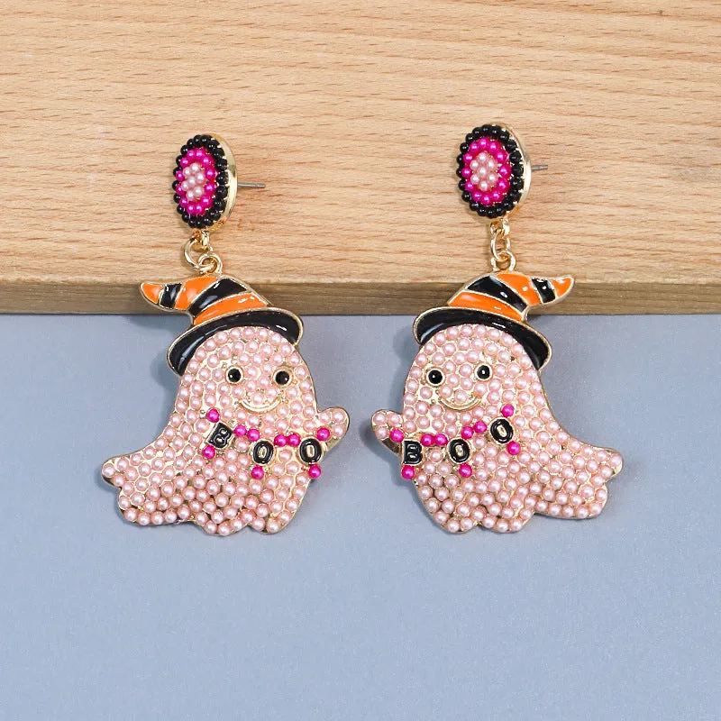Spooky Chic Halloween ""BOO"" Bead Ghost Drop Earrings
