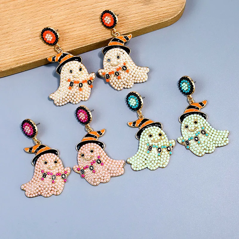 Spooky Chic Halloween ""BOO"" Bead Ghost Drop Earrings