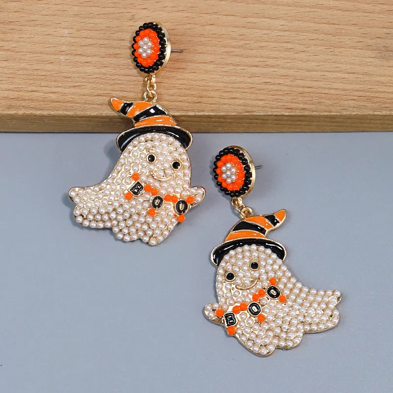 Spooky Chic Halloween ""BOO"" Bead Ghost Drop Earrings