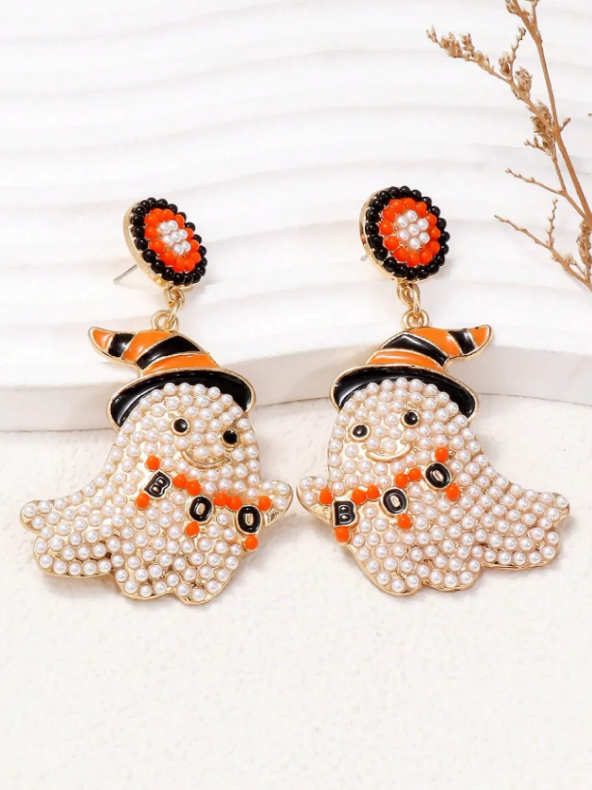 Spooky Chic Halloween ""BOO"" Bead Ghost Drop Earrings