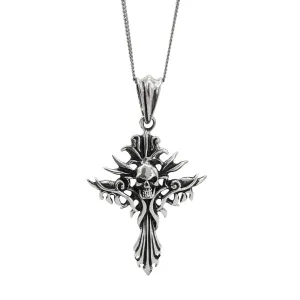 Sterling Silver Large Gothic Fire Skull Cross Pendant - Biker Necklace