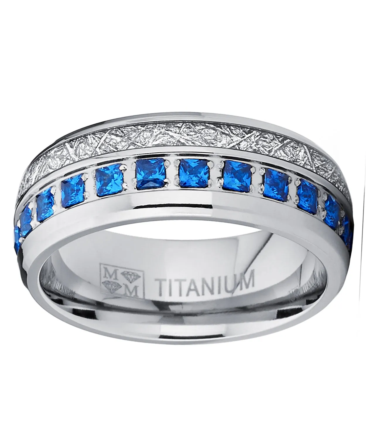 Titanium Wedding Band Imitation Meteorite Engagement Ring Blue Cubic Zirconia 8mm