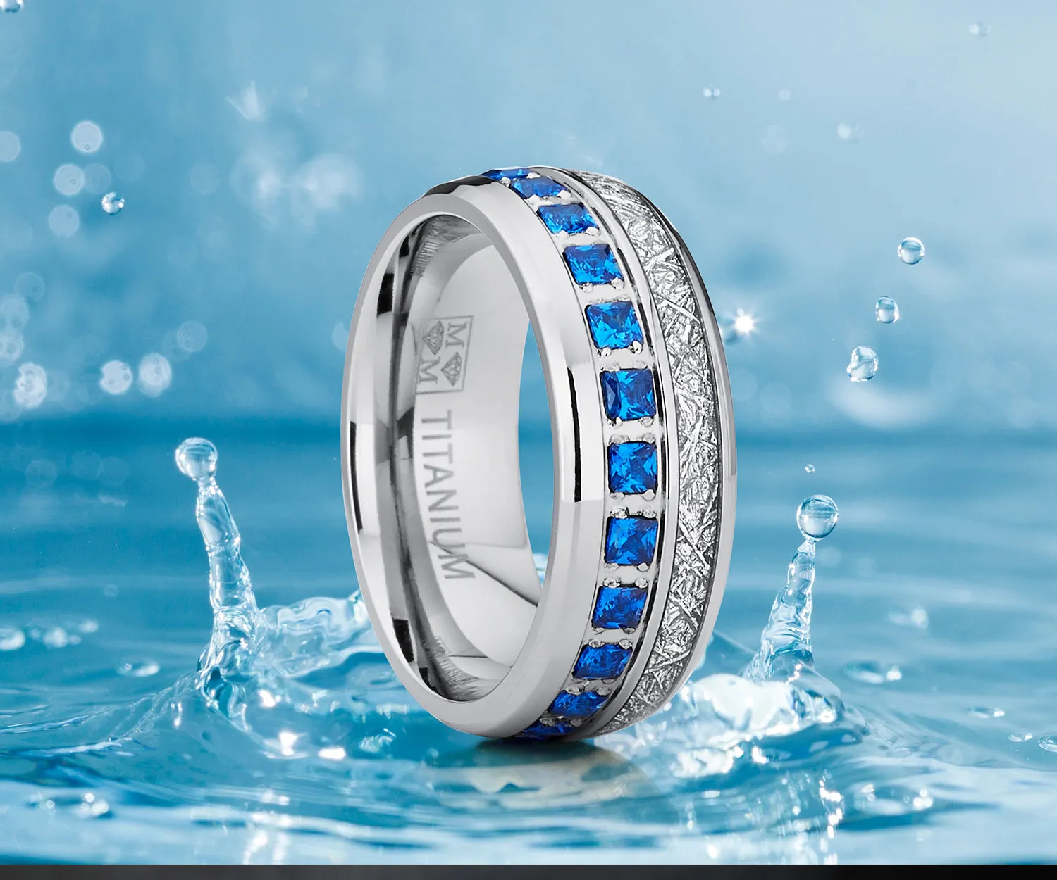 Titanium Wedding Band Imitation Meteorite Engagement Ring Blue Cubic Zirconia 8mm