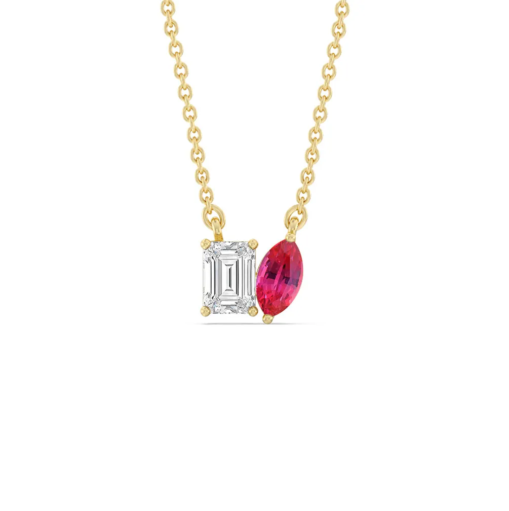 Toi Et Moi Created Ruby Marquise and Emerald Diamond Necklace