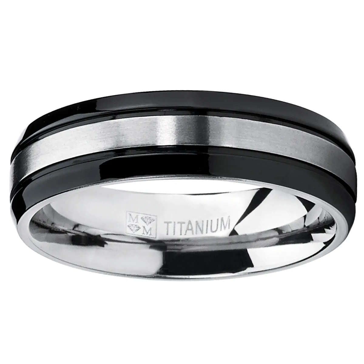 Two Tone Black Titanium Men's Wedding Band Ring, Flat Top Beveled Edge, Comfort Fit 6mm