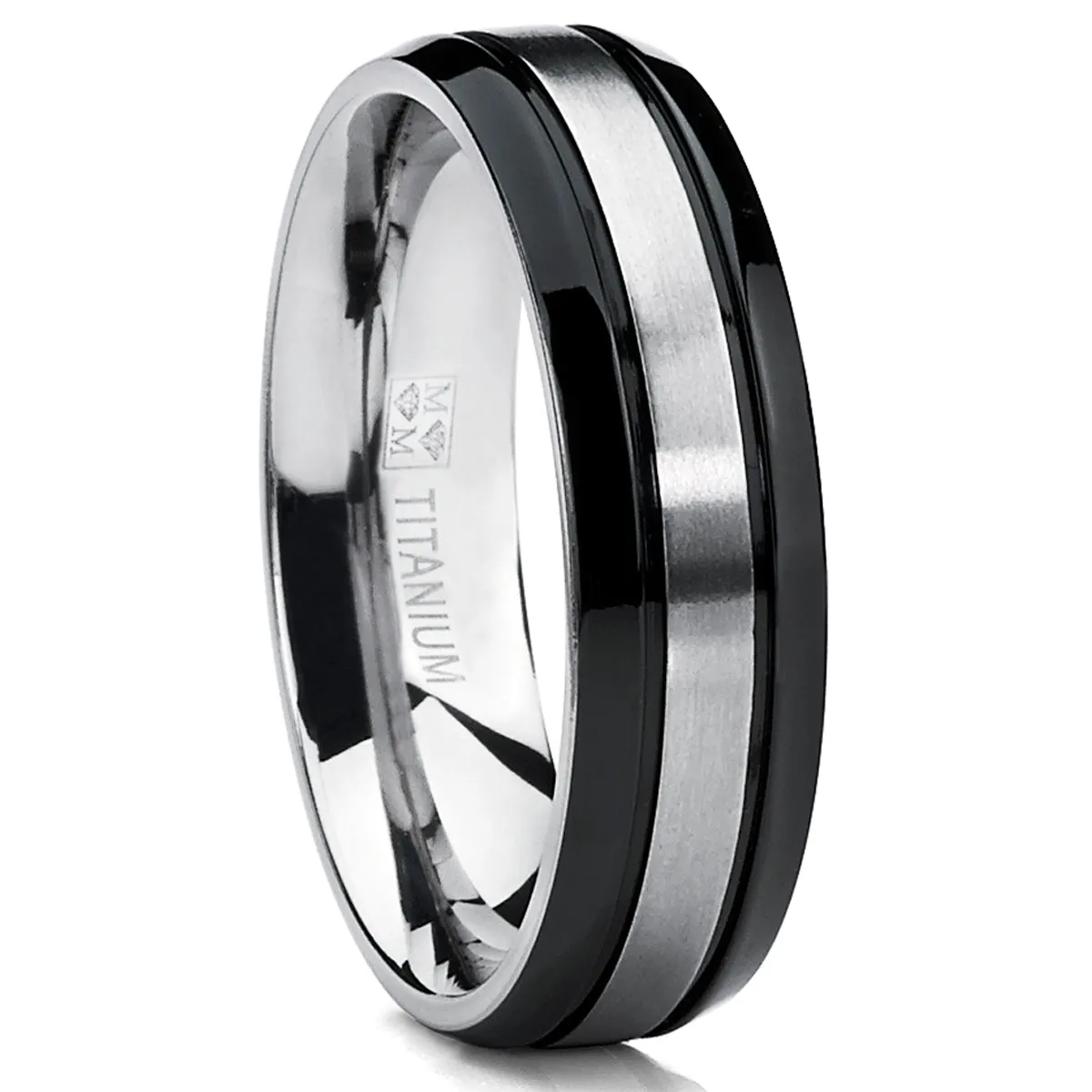 Two Tone Black Titanium Men's Wedding Band Ring, Flat Top Beveled Edge, Comfort Fit 6mm