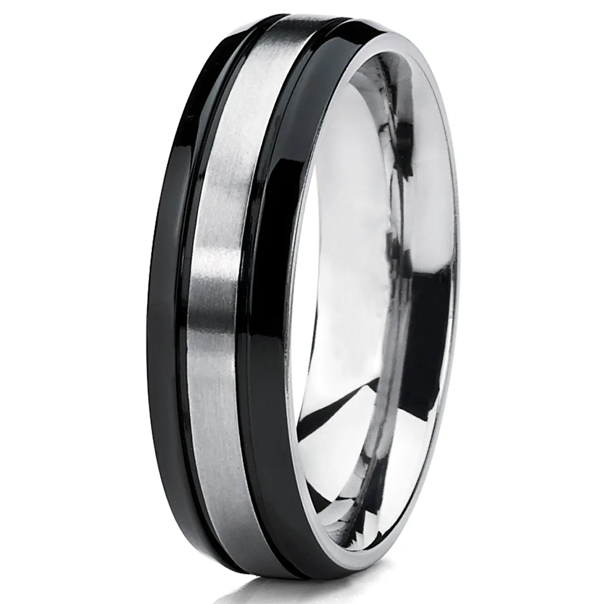 Two Tone Black Titanium Men's Wedding Band Ring, Flat Top Beveled Edge, Comfort Fit 6mm