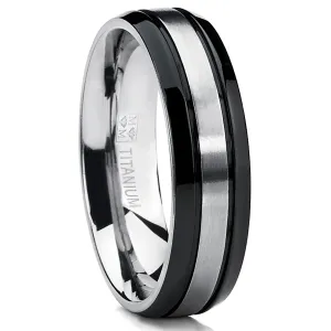 Two Tone Black Titanium Men's Wedding Band Ring, Flat Top Beveled Edge, Comfort Fit 6mm