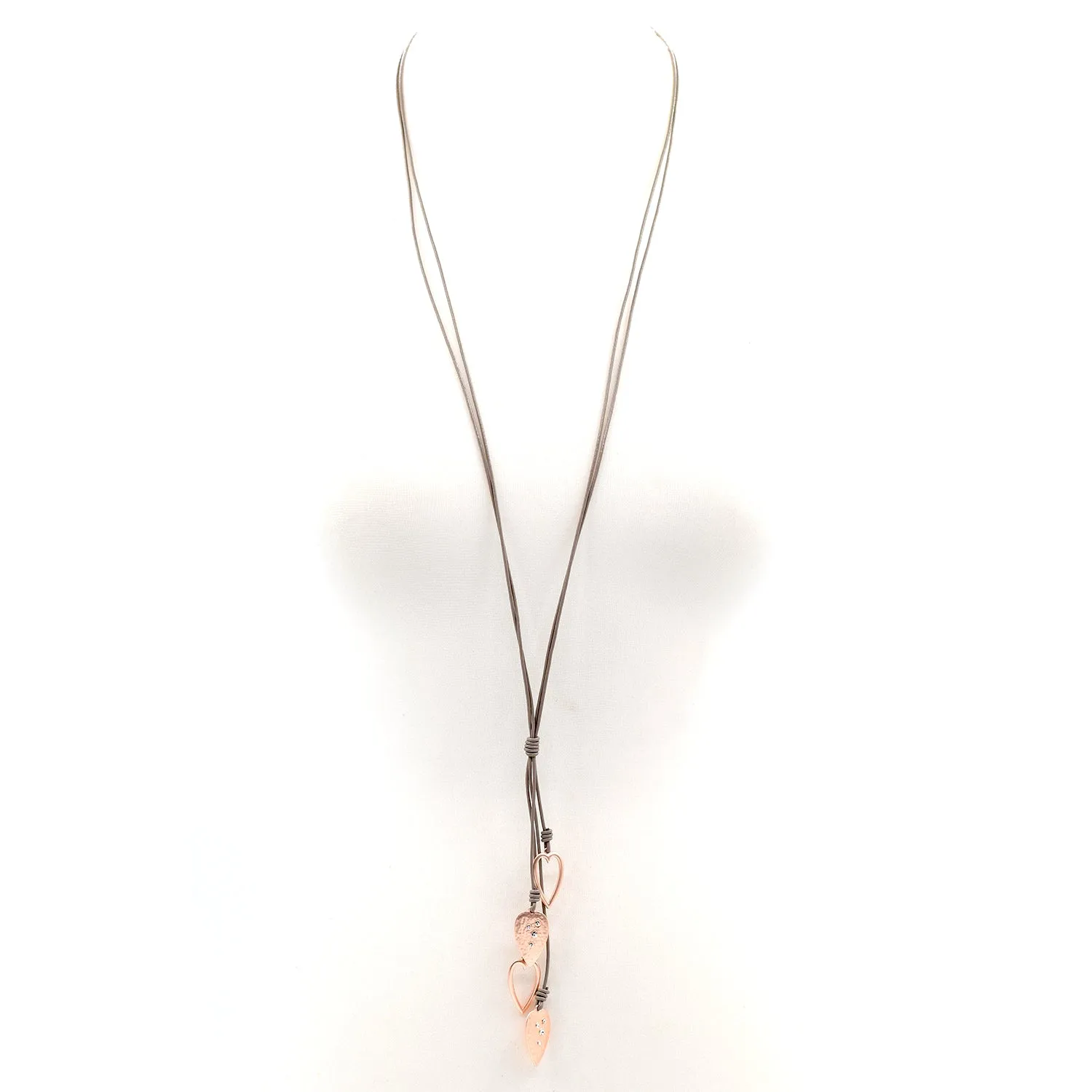 Varied heart droppers with crystal on long leather necklace