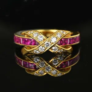 Vintage Diamond X Emerald Cut Ruby Ring Band in 18K Gold