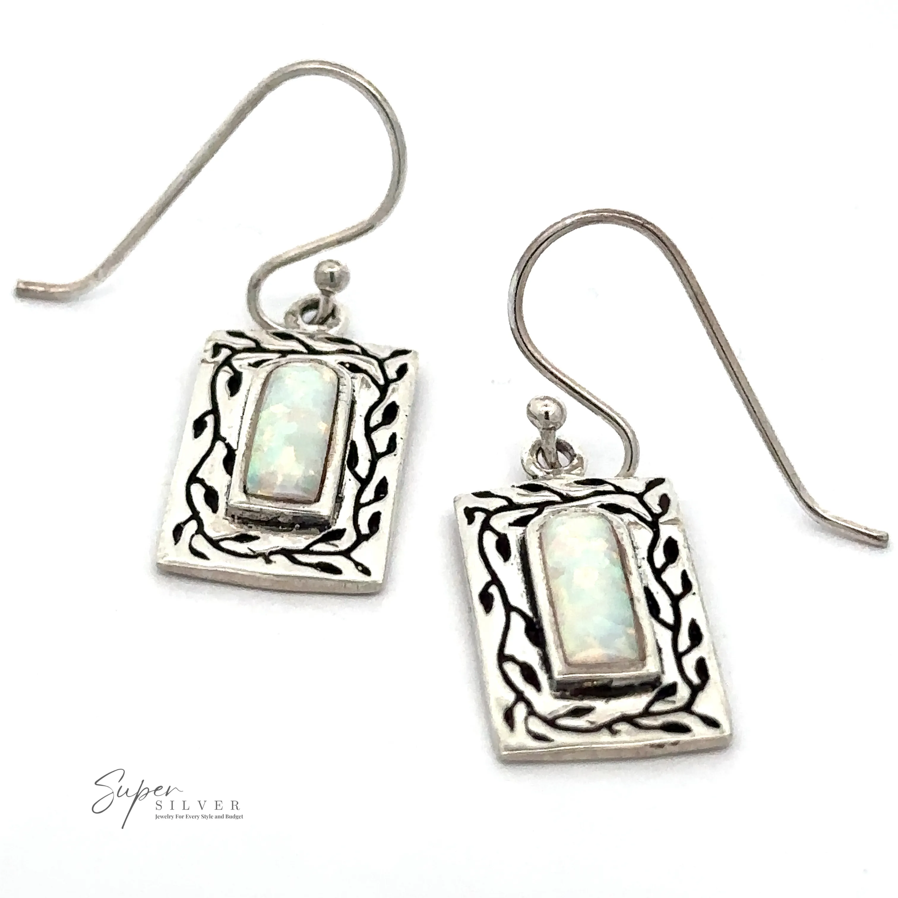 White Created Opal Square Earrings