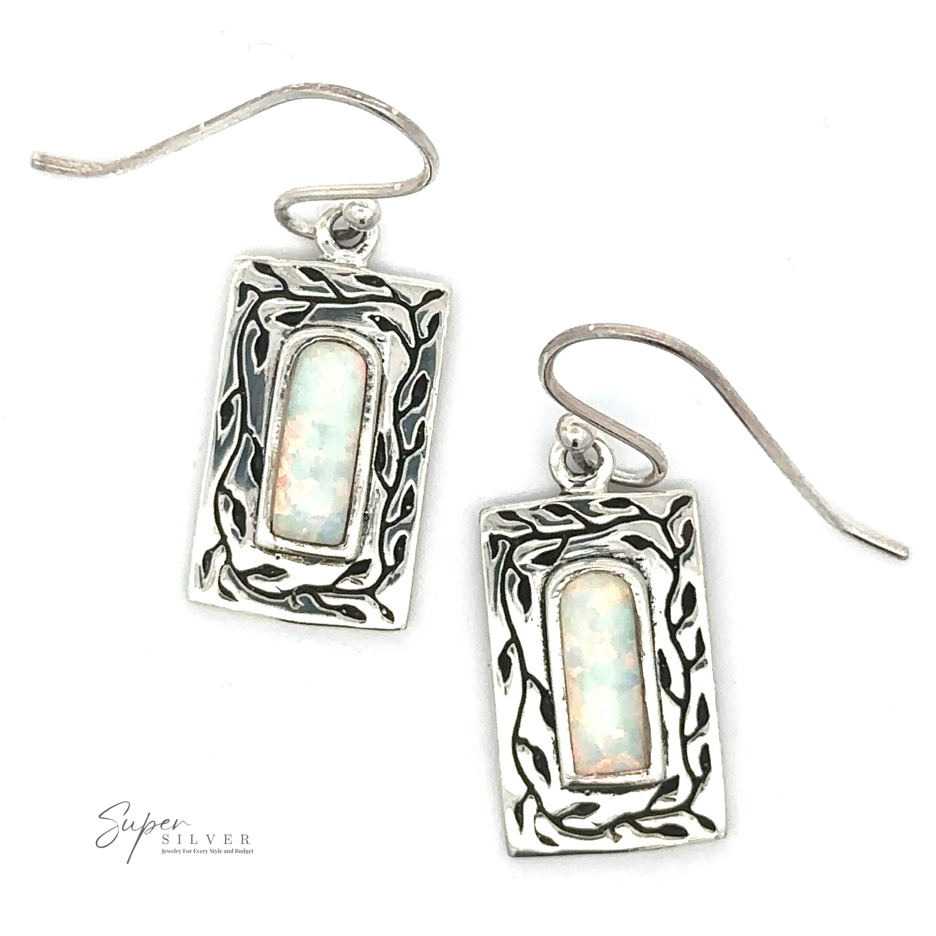 White Created Opal Square Earrings