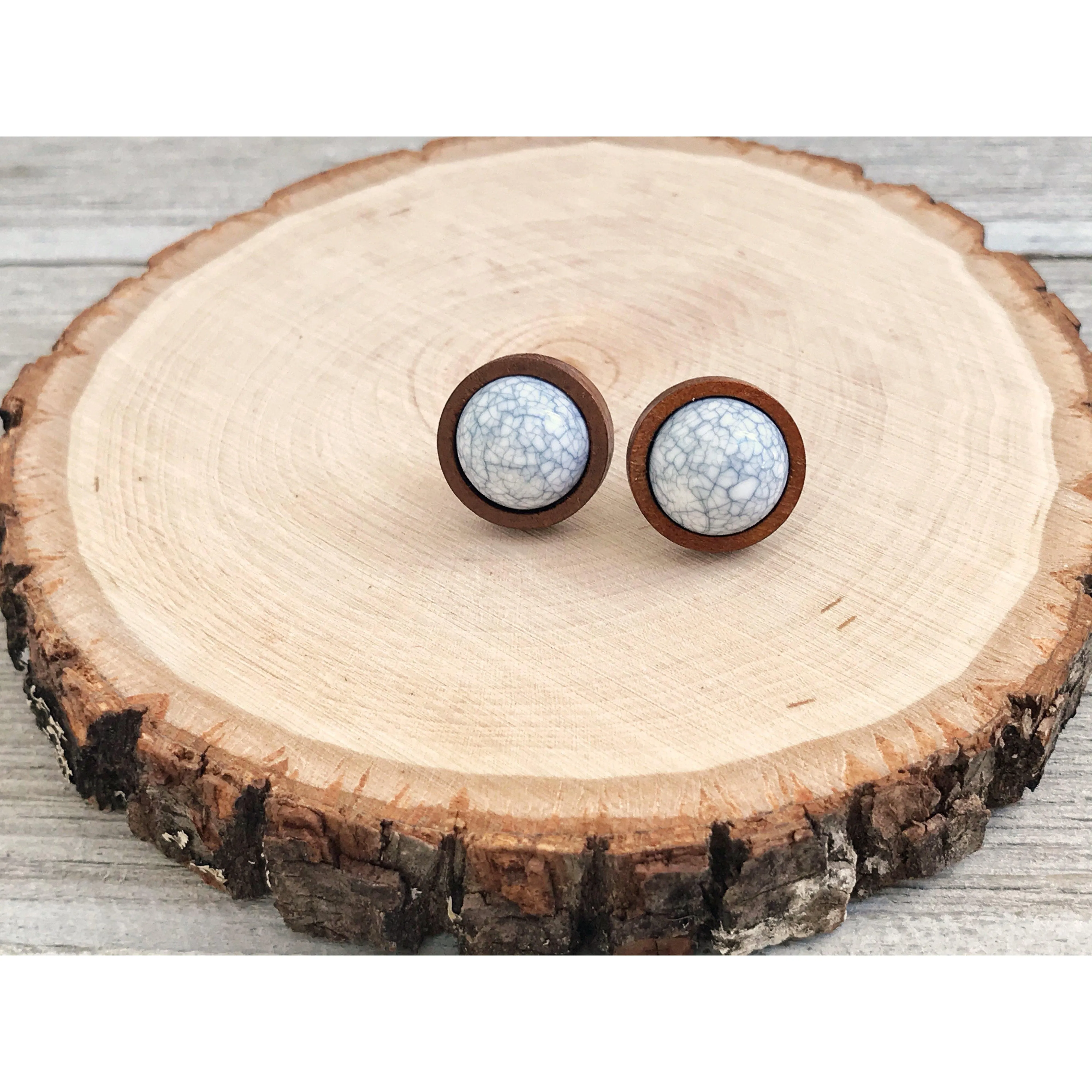 White Stone Wood Stud Earrings - Boho Chic Western Jewelry for Rustic Elegance