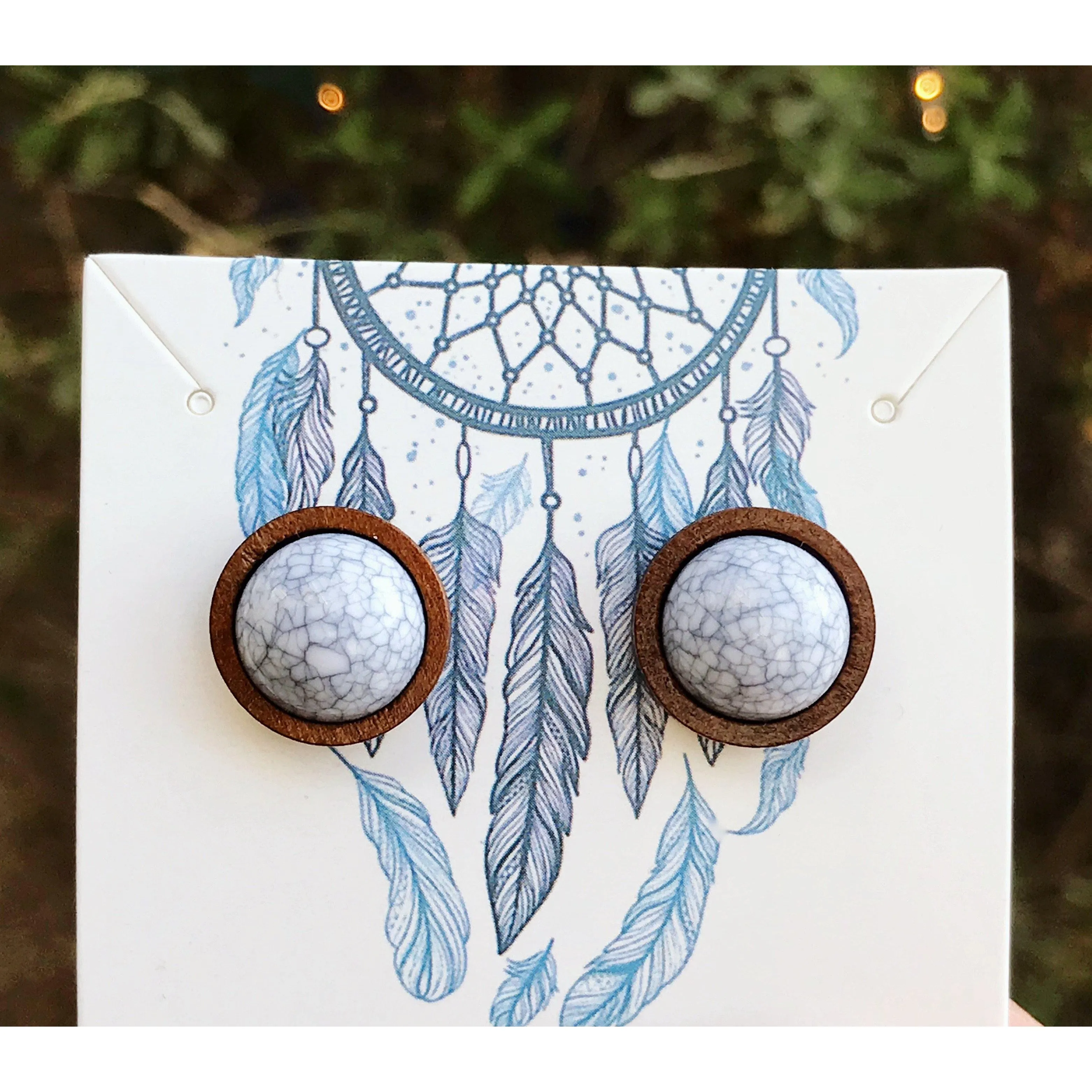 White Stone Wood Stud Earrings - Boho Chic Western Jewelry for Rustic Elegance